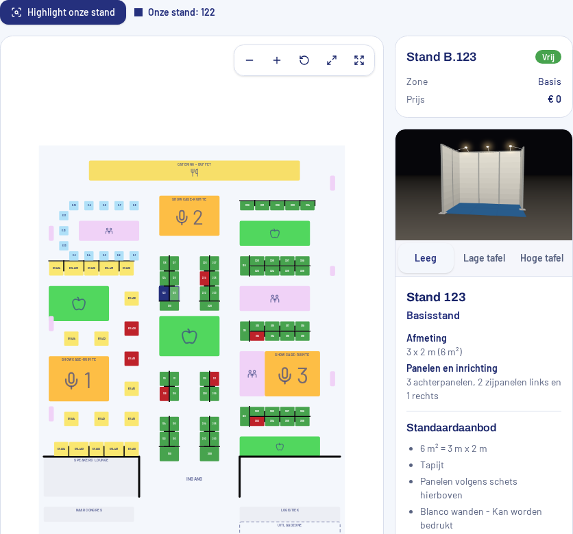Exposantenportaal: standenplan met standinformatie en standopstelling